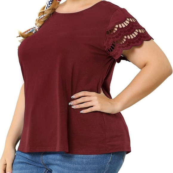 Tops - Women's Maroon embroidered Flutter Sleeve Blouse Plus size 2X